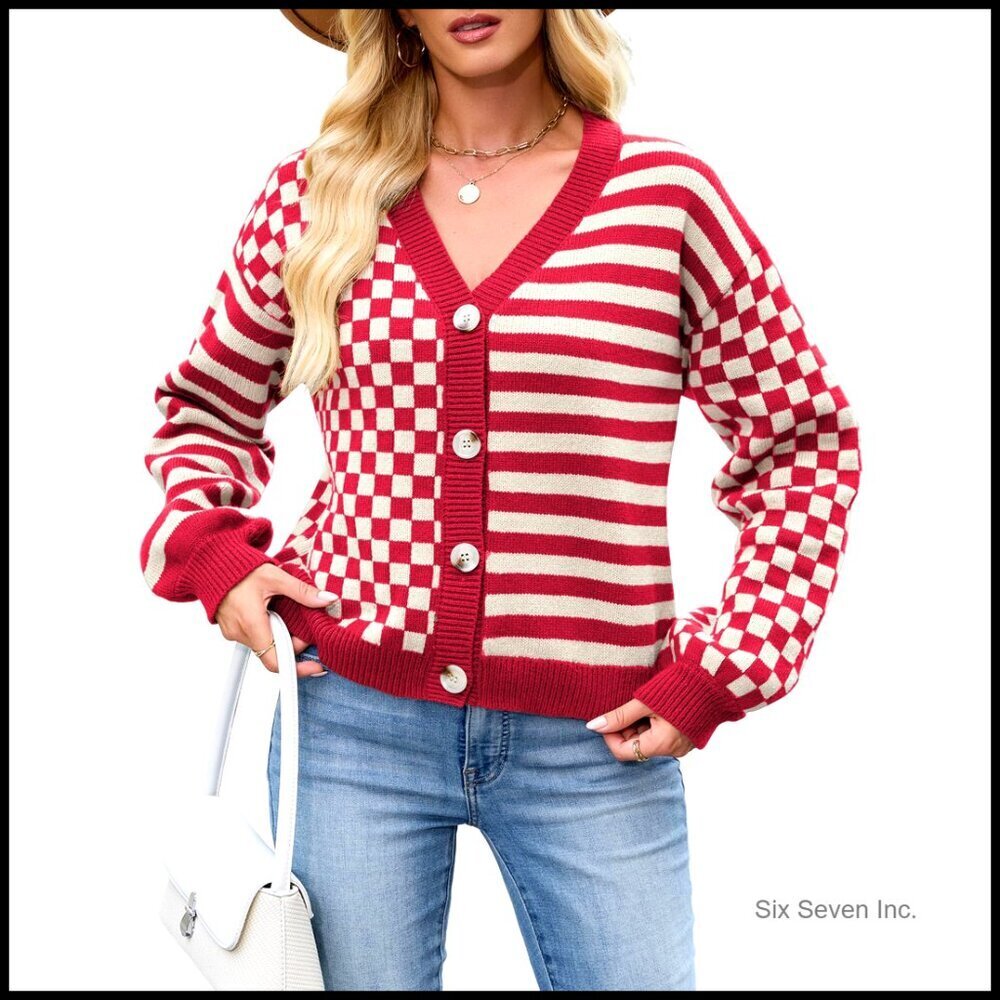 Oversized Knit Cardigan Sweater Striped Checkered Button Down V Neck Fall